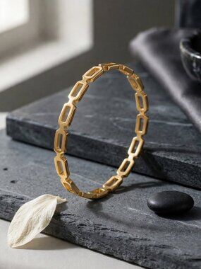 Rectangular Open Link Chain Bangle 18K Gold Plated Stainless Steel Cuff 2.28"